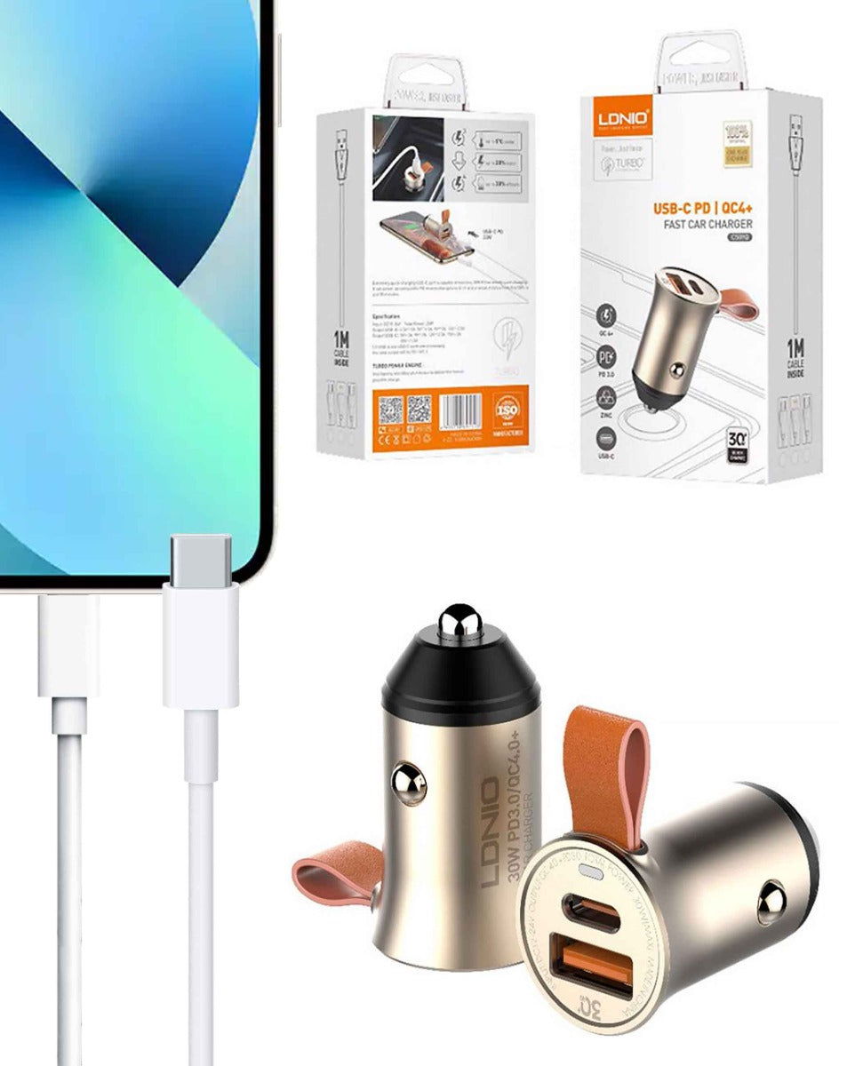 LDNIO C509Q PD QC4.0 Dual USB A+c Car Charger with USB-C to Lightning Non-MFI Cable — 3ft, 18W