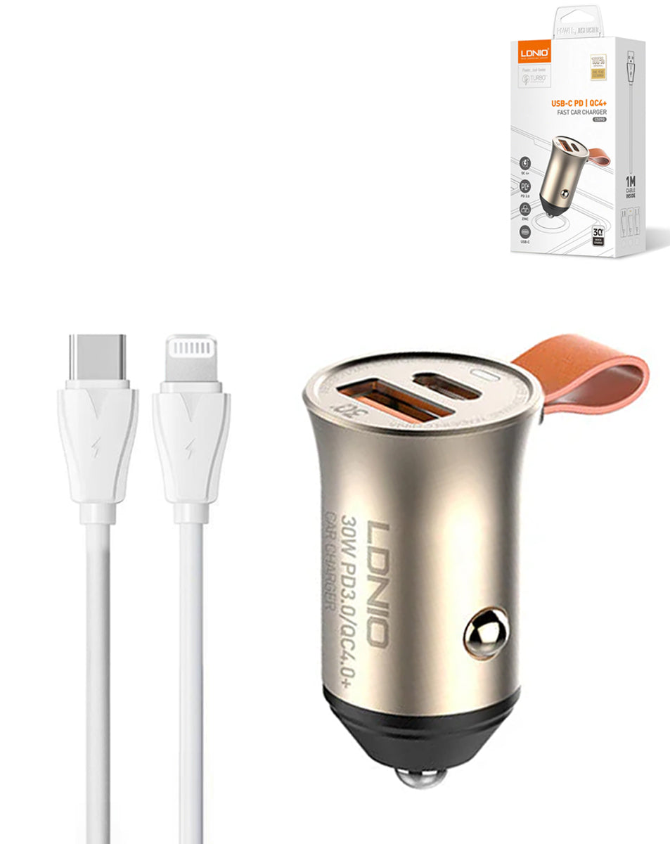LDNIO C509Q PD QC4.0 Dual USB A+c Car Charger with USB-C to Lightning Non-MFI Cable — 3ft, 18W