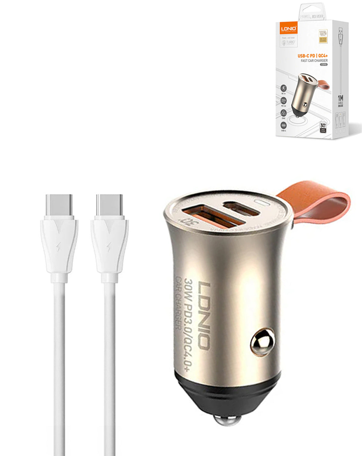 LDNIO C509Q PD QC4.0 Dual USB A+c Car Charger with USB-C to USB-C Cable — 3ft, 18W