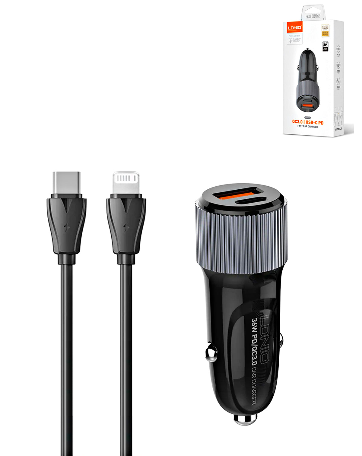 LDNIO C510Q PD QC3.0 Dual USB A+c Car Charger with USB-C to Lightning Non-MFI Cable — 3ft, 36W