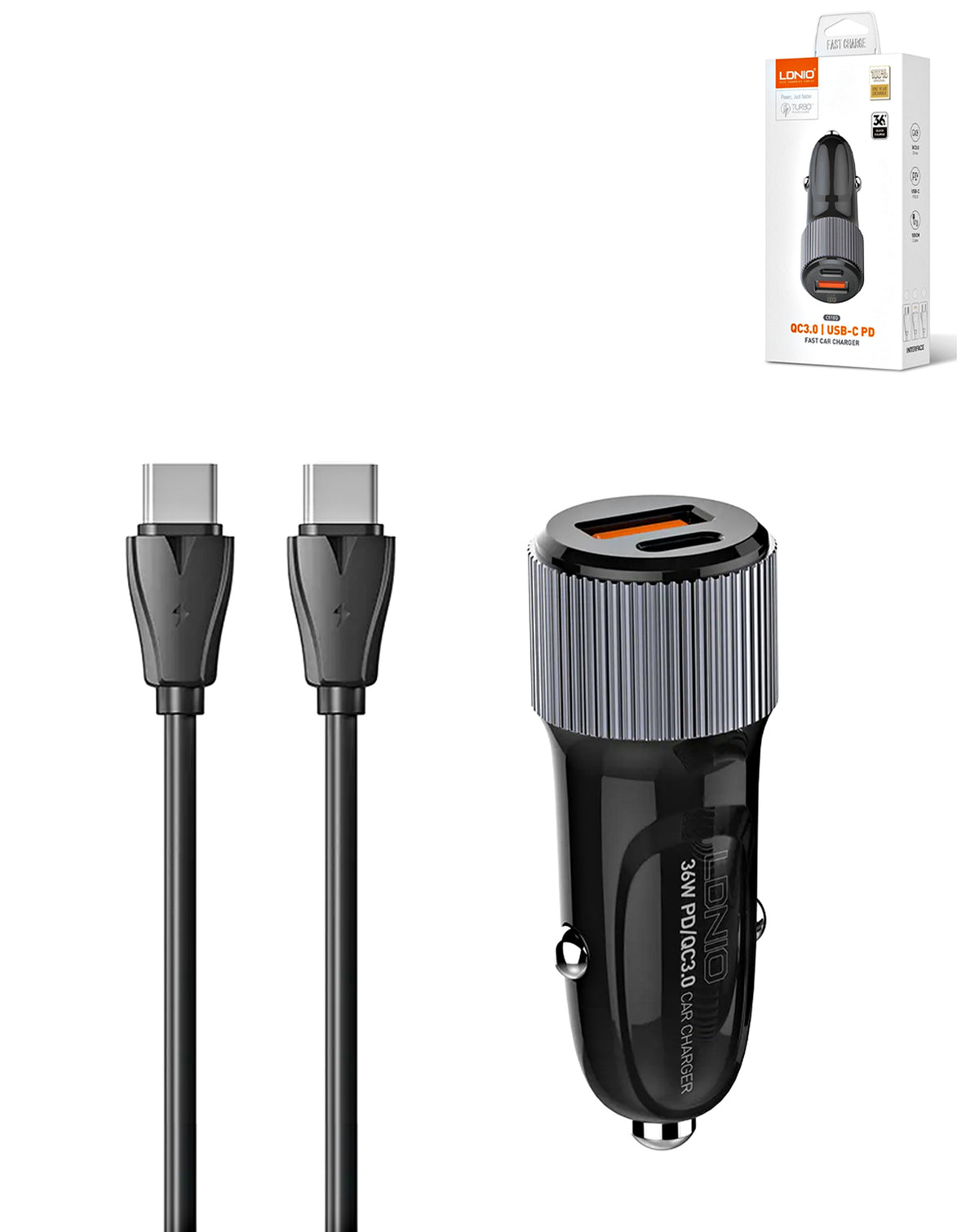 LDNIO C510Q PD QC3.0 Dual USB A+c Car Charger with USB-C to USB-C Cable — 3ft, 36W