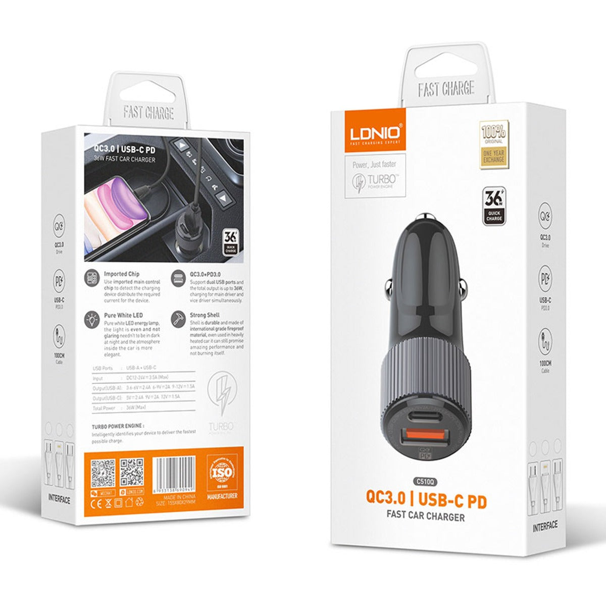 LDNIO C510Q PD QC3.0 Dual USB A+c Car Charger with USB-C to Lightning Non-MFI Cable — 3ft, 36W