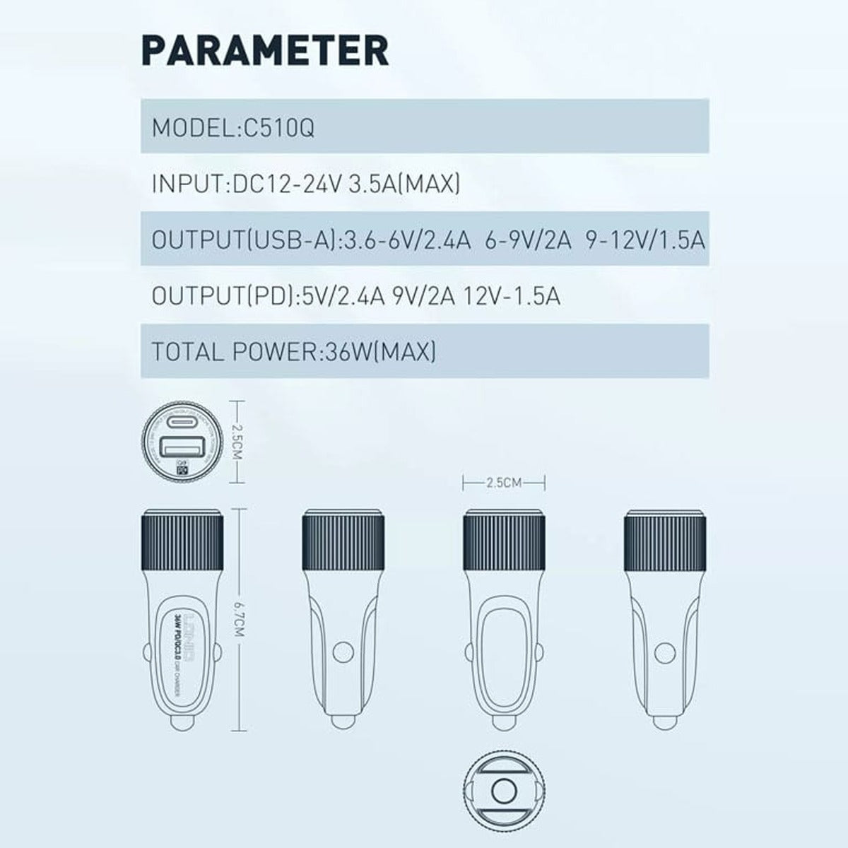LDNIO C510Q PD QC3.0 Dual USB A+c Car Charger with USB-C to Lightning Non-MFI Cable — 3ft, 36W