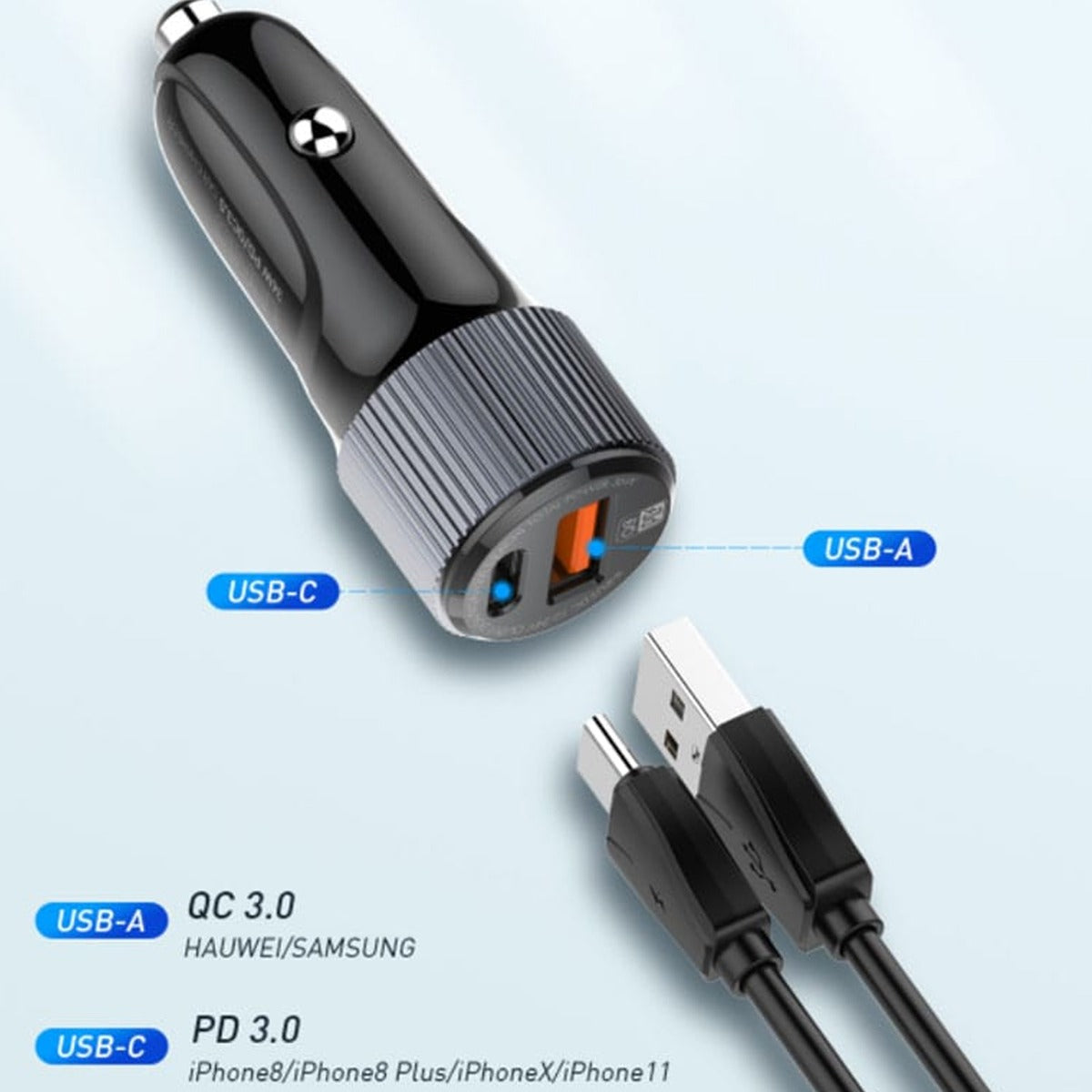 LDNIO C510Q PD QC3.0 Dual USB A+c Car Charger with USB-C to Lightning Non-MFI Cable — 3ft, 36W