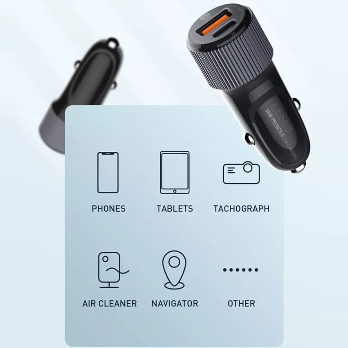 LDNIO C510Q PD QC3.0 Dual USB A+c Car Charger with USB-C to Lightning Non-MFI Cable — 3ft, 36W