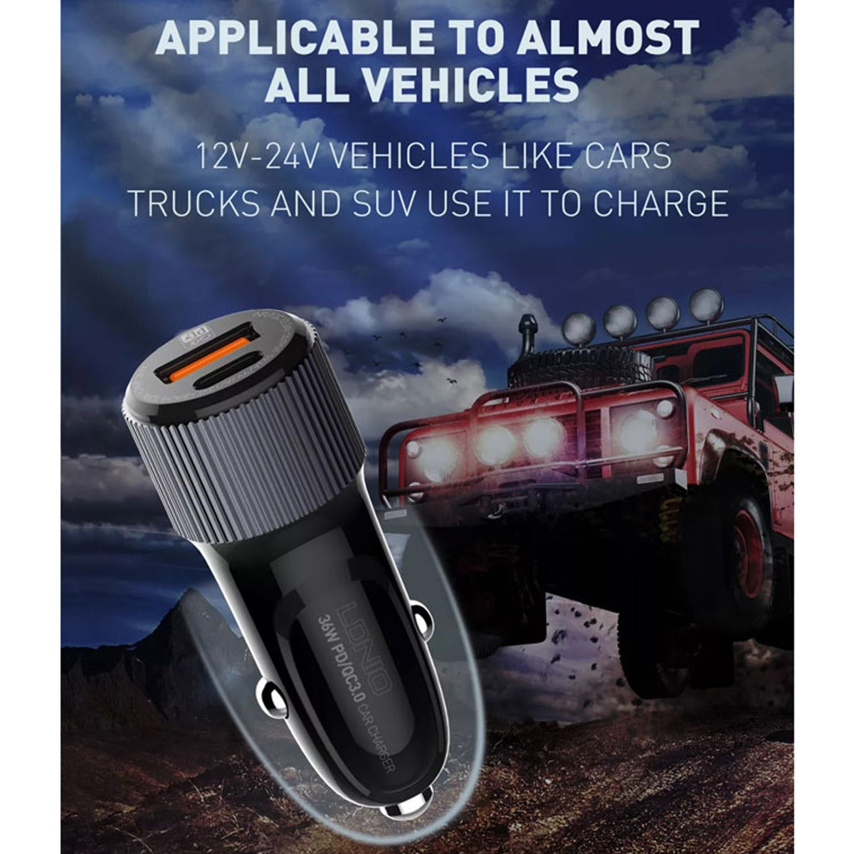 LDNIO C510Q PD QC3.0 Dual USB A+c Car Charger with USB-C to USB-C Cable — 3ft, 36W