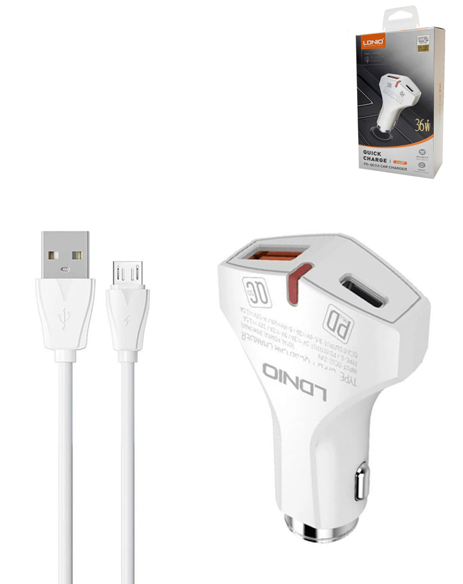 LDNIO C60P PD QC3.0 Dual USB A+c Car Charger with USB A-M Cable — 3ft, 36W
