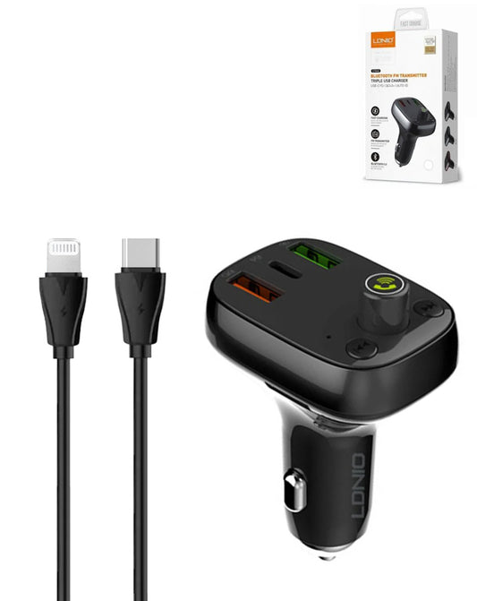 LDNIO C704Q Bluetooth 5.0 FM with 2X USB A+c Car Charger with USB-C to Lightning Cable — 3ft, 30W