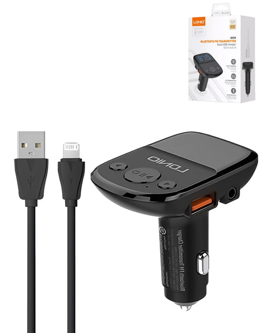 LDNIO C706Q Bluetooth 5.0 FM with 2X USB A+c Car Charger with USB-A to Lightning Cable — 3ft, 25W