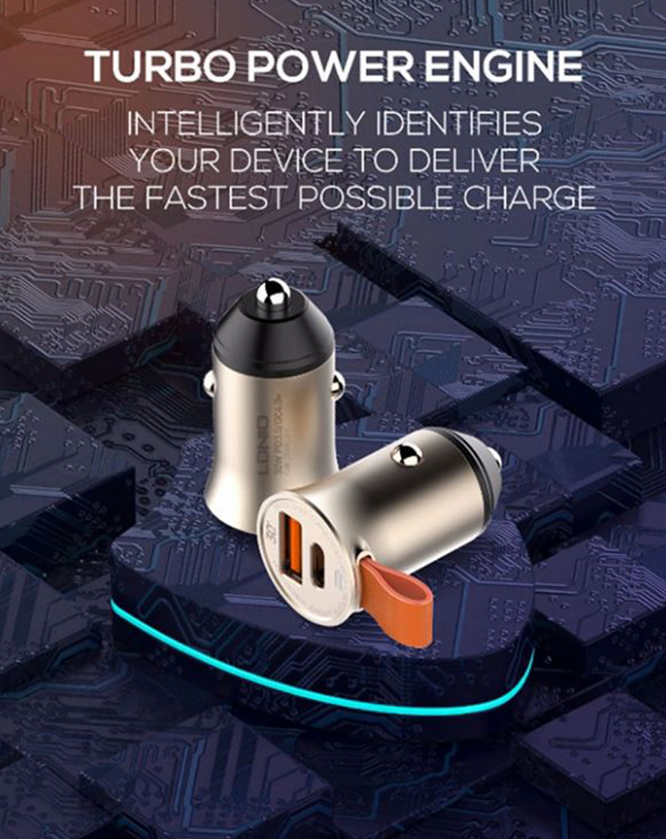 LDNIO C509Q PD QC4.0 Dual USB A+c Car Charger with USB-C to USB-C Cable — 3ft, 18W
