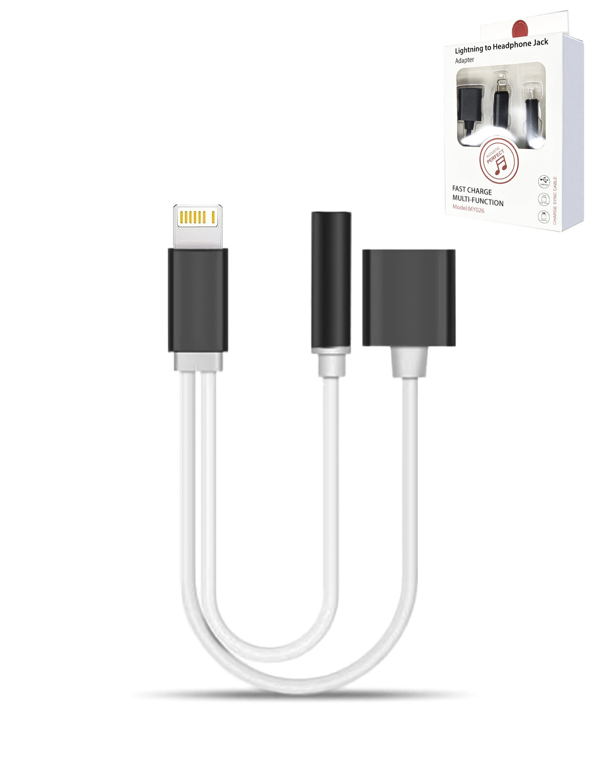 2in1 USB-L Charging and Data &3.5mm Headphone Jack Adapter — Black