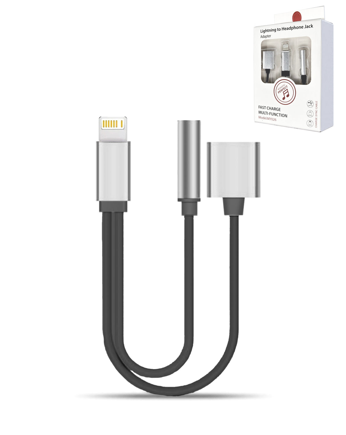 2in1 USB-L Charging and Data & 3.5mm Headphone Jack Adapter — Black & Silver