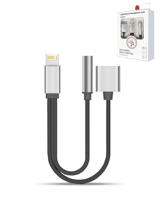 2in1 USB-L Charging and Data & 3.5mm Headphone Jack Adapter — Black & Silver