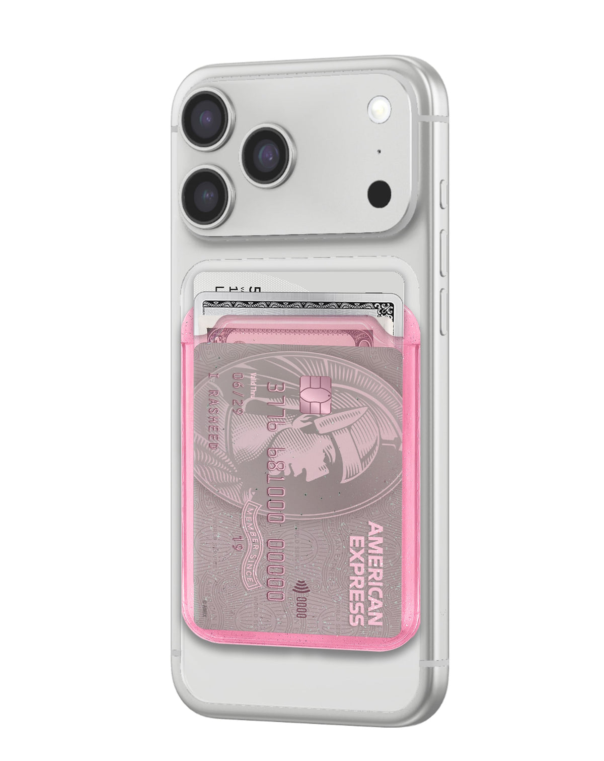 Clear Glitter Design Magnetic Card Holder — Pink