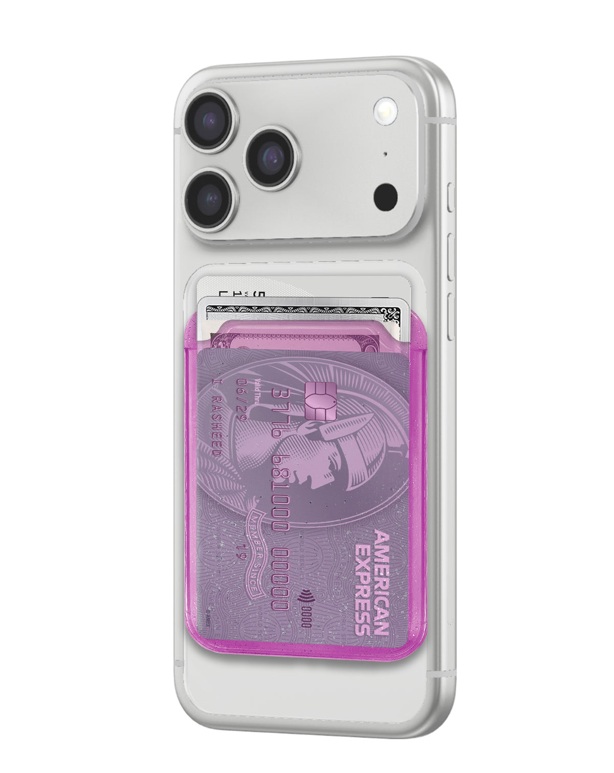 Clear Glitter Design Magnetic Card Holder — Purple