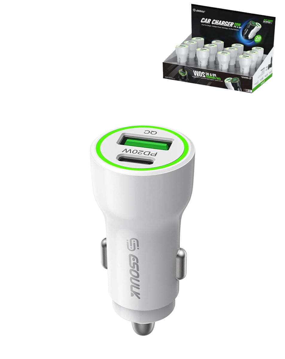 Esoulk PD & QC USB A+c Car Charger — White, 20W, Pack of 12