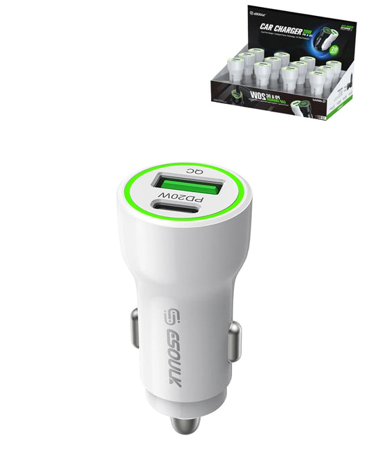 Esoulk PD & QC USB A+c Car Charger — White, 20W, Pack of 12