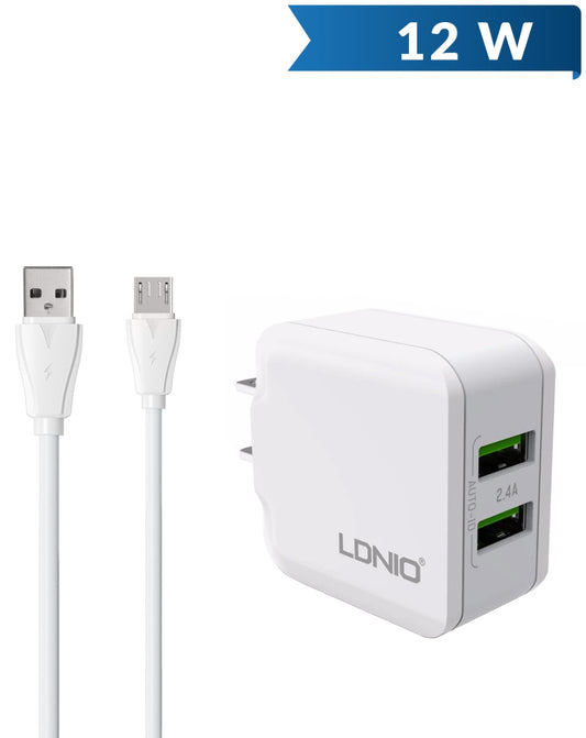 LDNIO A2201 Dual USB-A Wall Charger with USB A-M Cable — 5V/3.4A, 3ft, 17W
