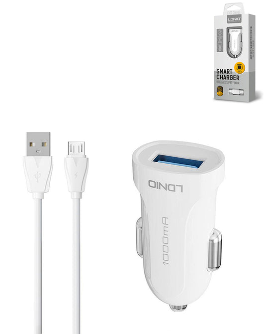 LDNIO C17 1A USB-A Car Charger with USB-M Cable — White, 3ft, 24W