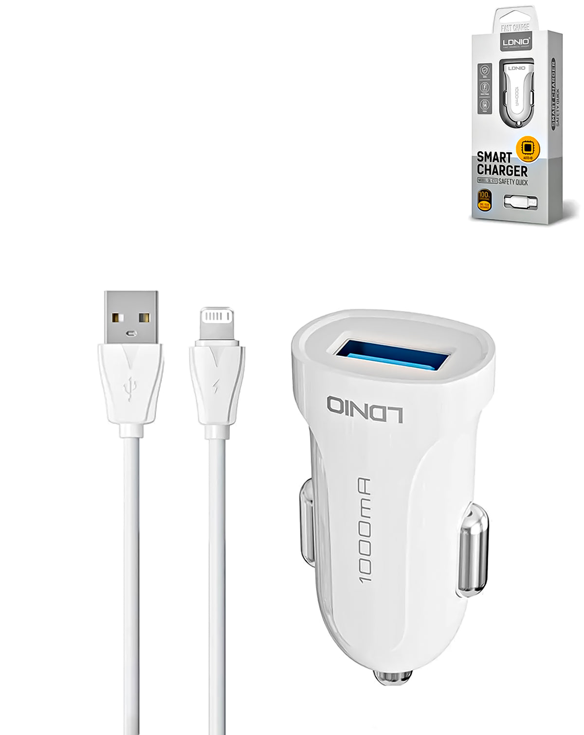 LDNIO C17 1A USB-A Car Charger with USB-L Non-MFI Cable — White, 3ft, 10W