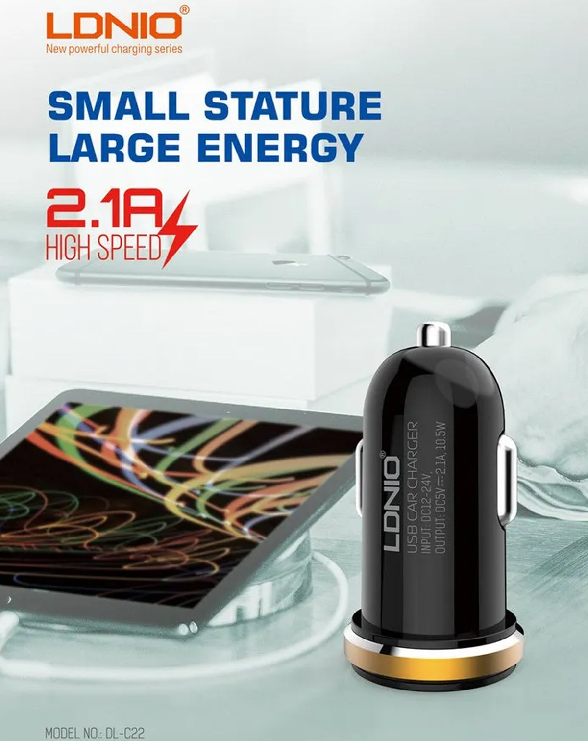 LDNIO DLC-22 2USB Car Charger with Micro USB Cable — Black, 3ft, 10W