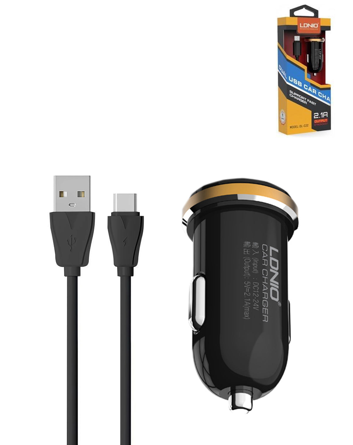 LDNIO DLC-22 2USB Car Charger with Micro USB Cable — Black, 3ft, 10W