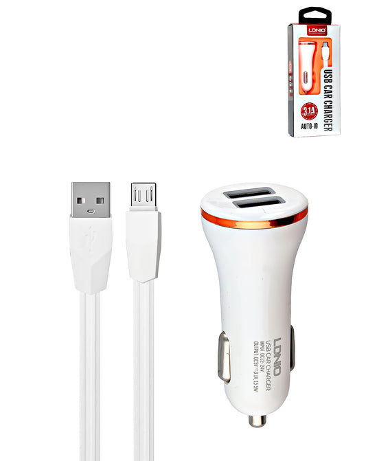 LDNIO C23 3A Dual USB-A Car Charger with USB A-M Cable — White, 3ft, 15W