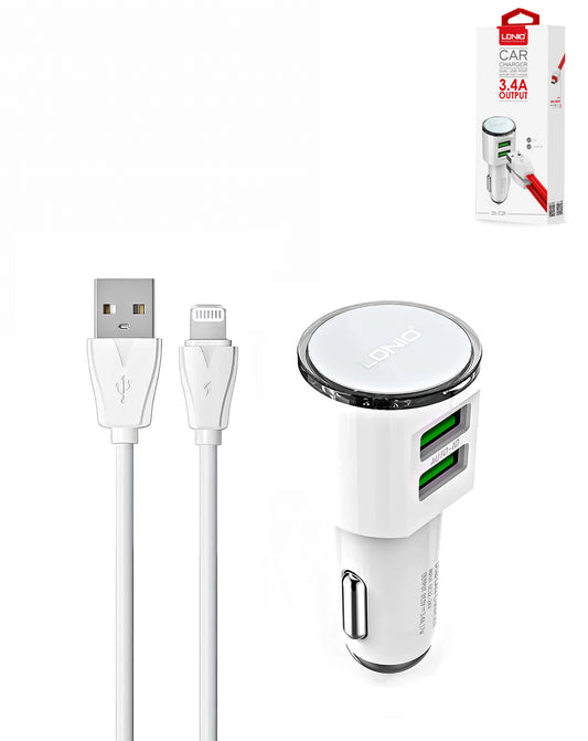 LDNIO C29 3.4A Dual USB-A Car Charger with USB-A to Lightning Non-MFI Cable — White, 3ft, 17W
