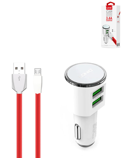 LDNIO C29 3.4A Dual USB-A Car Charger with USB A-M Cable — Red, 3ft, 17W