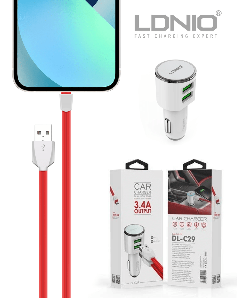 LDNIO C29 3.4A Dual USB-A Car Charger with USB A-M Cable — Red, 3ft, 17W