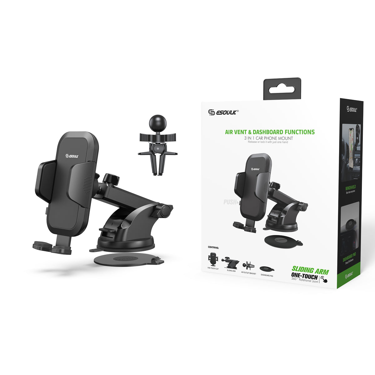 Esoulk Air Vent & Dashboard Card Phone Mount — 2-in-1, Black