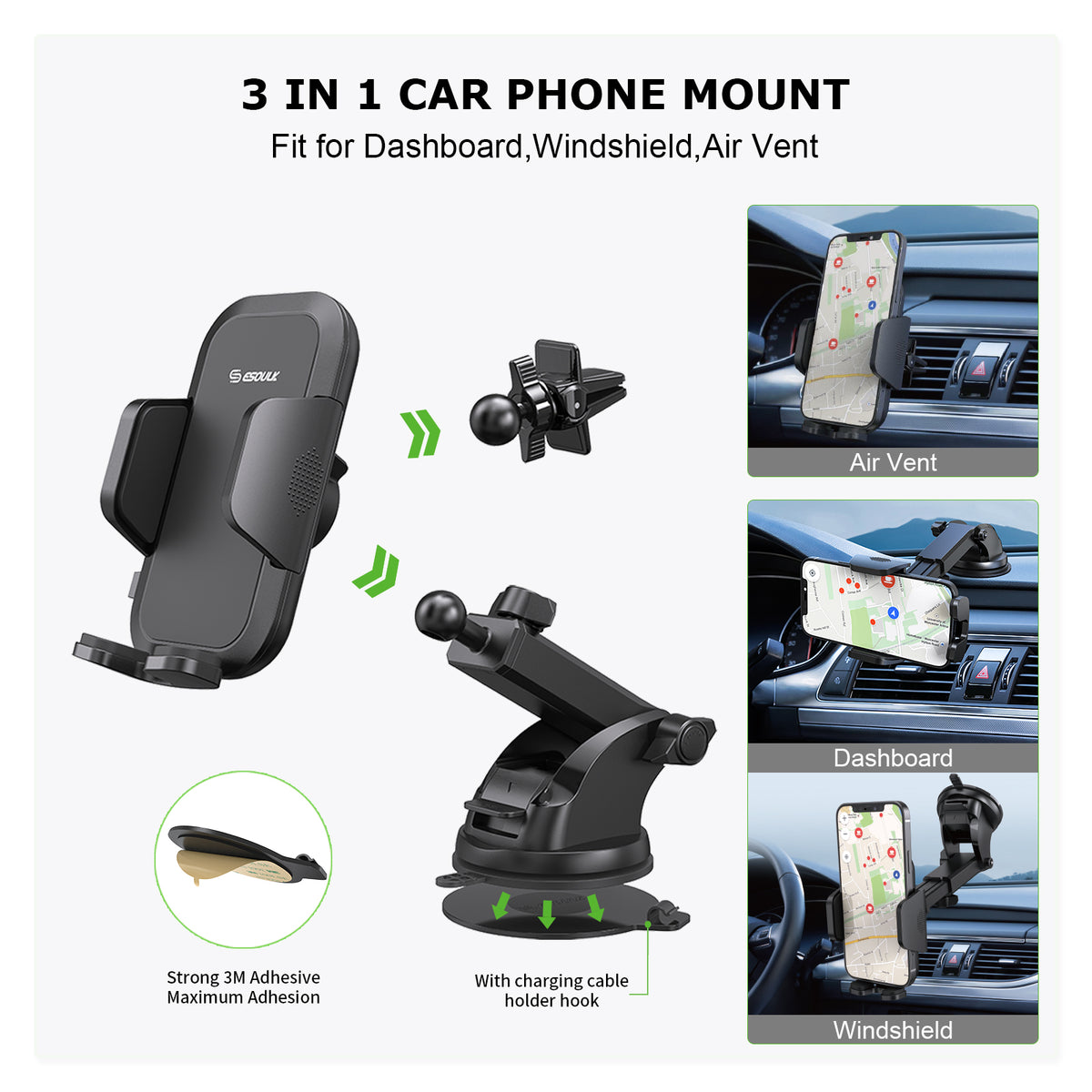 Esoulk Air Vent & Dashboard Card Phone Mount — 2-in-1, Black
