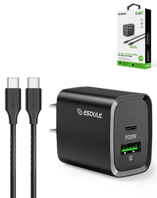 Esoulk USB-C+A Pd/qc Wall Adapter with USB-C to USB-C Cable — 5ft, 20W, Black