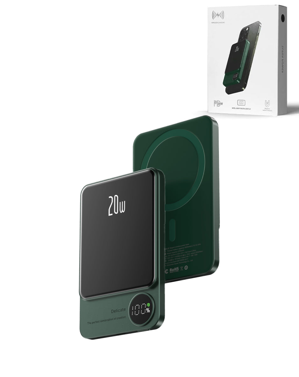 Magnetic Wireless Power Bank with LED Display — Green, 10000 mAh