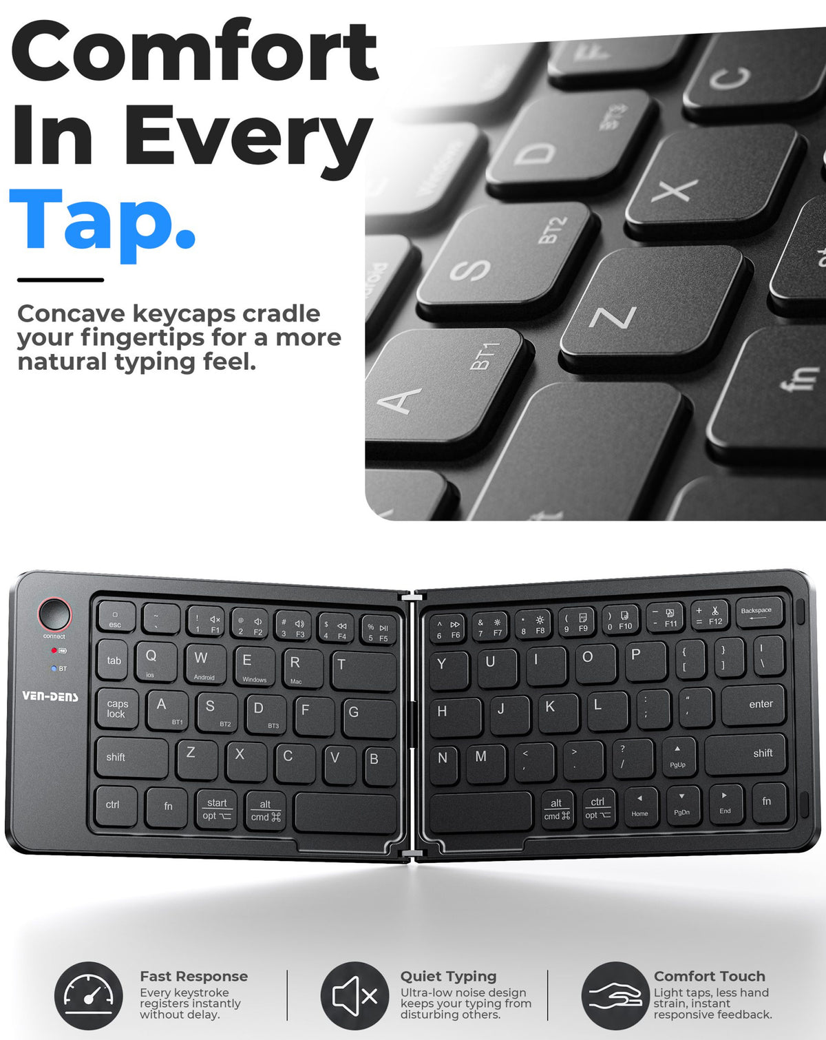 Ven-dens VD-KB001 Foldable Wireless Keyboard — Black