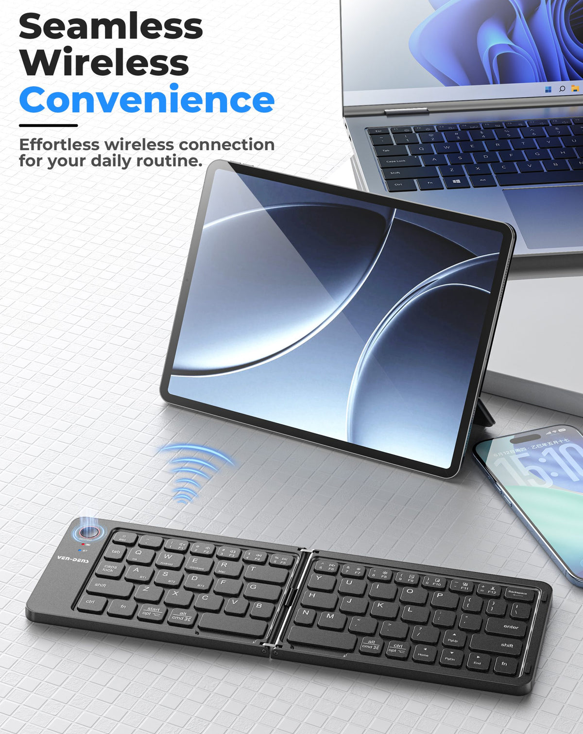 Ven-dens VD-KB001 Foldable Wireless Keyboard — Black