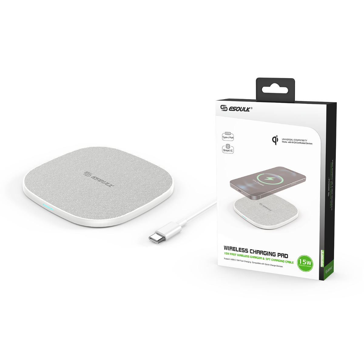 Esoulk QI Wireless Charger — 5ft, 15W, White