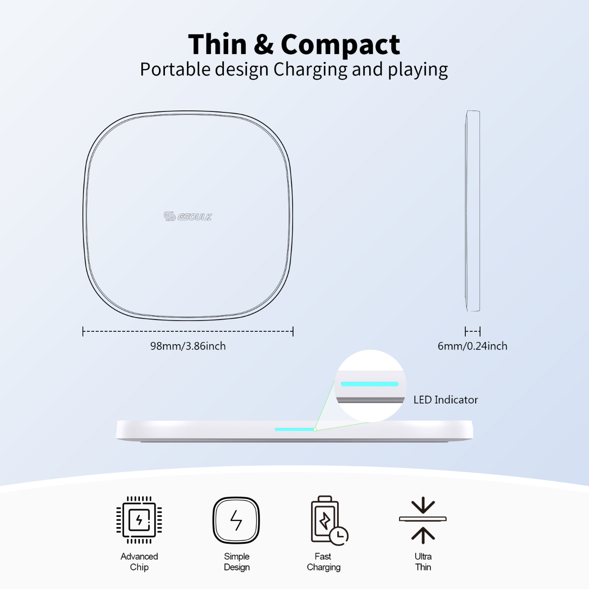 Esoulk QI Wireless Charger — 5ft, 15W, White