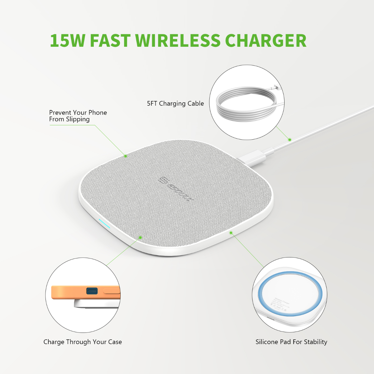Esoulk QI Wireless Charger — 5ft, 15W, White