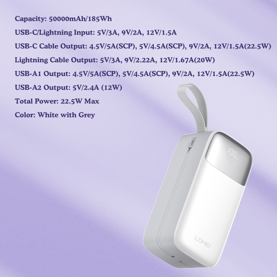 LDNIO PQ50 Power Bank with Lanyard — 50000 mAh / 22.5W