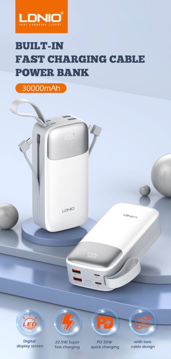 LDNIO PQ30 Power Bank with Lanyard — 30000 mAh / 22.5W