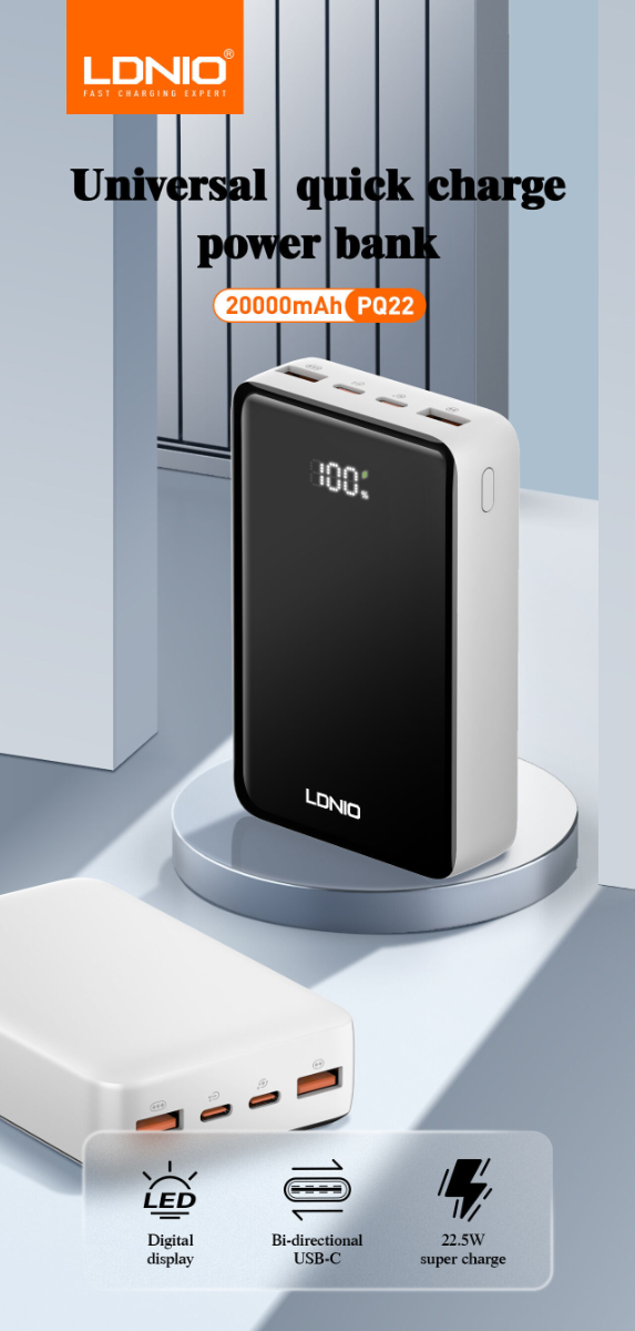 LDNIO PQ22 Power Bank with Digital Display — Black / White, 20000 mAh / 22.5W