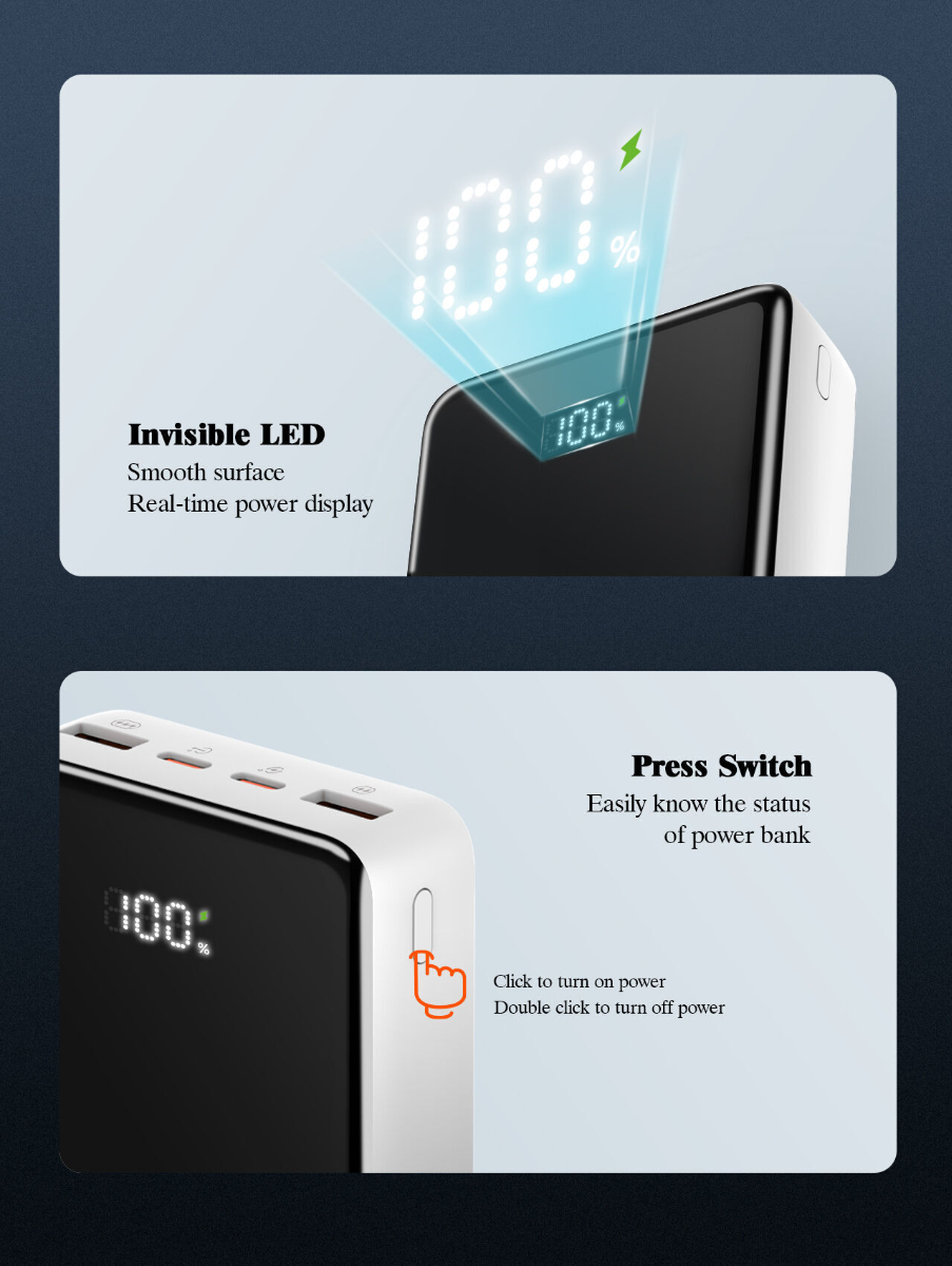 LDNIO PQ22 Power Bank with Digital Display — Black / White, 20000 mAh / 22.5W