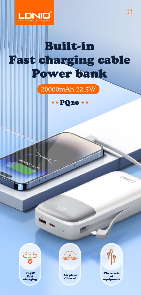 LDNIO PQ20 Power Bank with Digital Display — White, 20000 mAh / 22.5W