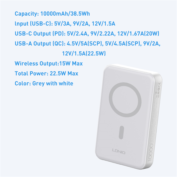 LDNIO PQ16 Magnetic Wireless Power Bank — White, 10000 mAh