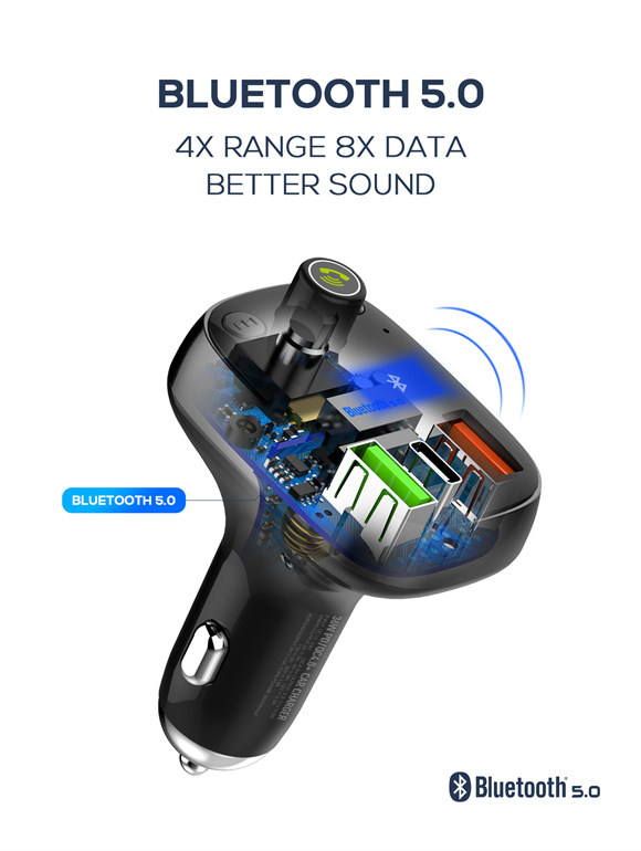 LDNIO C704Q Bluetooth 5.0 FM with 2X USB A+c Car Charger with USB-C to Lightning Cable — 3ft, 30W