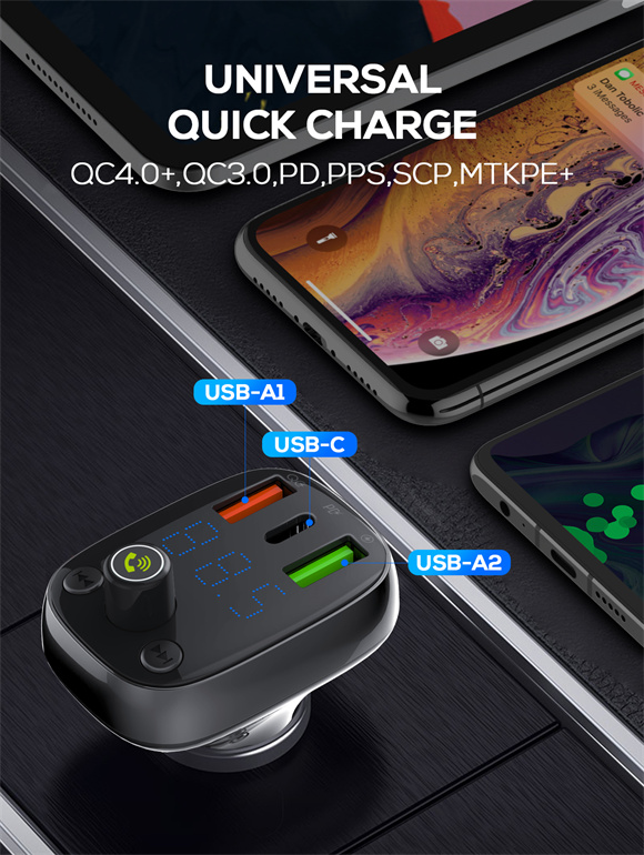 LDNIO C704Q Bluetooth 5.0 FM with 2X USB A+c Car Charger with USB-C to Lightning Cable — 3ft, 30W