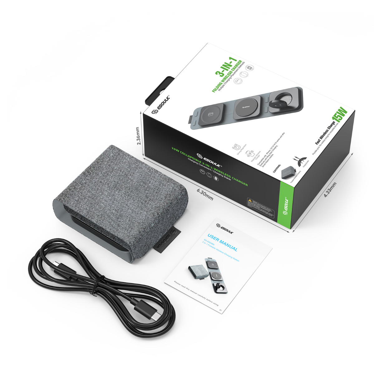 Esoulk 3-in-1 Collapsible Magnetic Wireless Charger — 15W