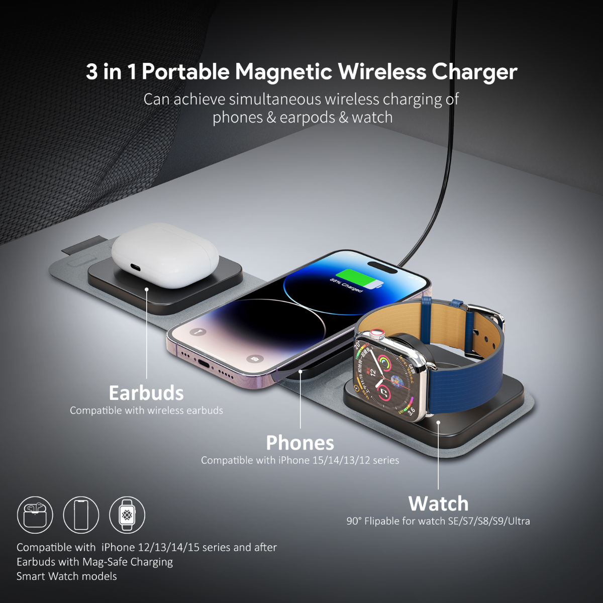 Esoulk 3-in-1 Collapsible Magnetic Wireless Charger — 15W