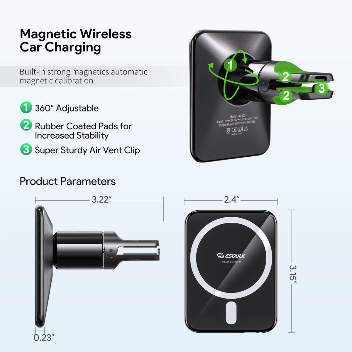 Esoulk Magnetic Wireless Charger Air Vent Car Mount — 15W, Black